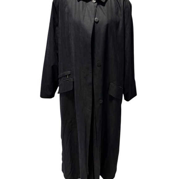 Herman Kay Long Black Hooded Maxi Overcoat Raincoat Button Front Pocket Size 1X - Picture 1 of 8
